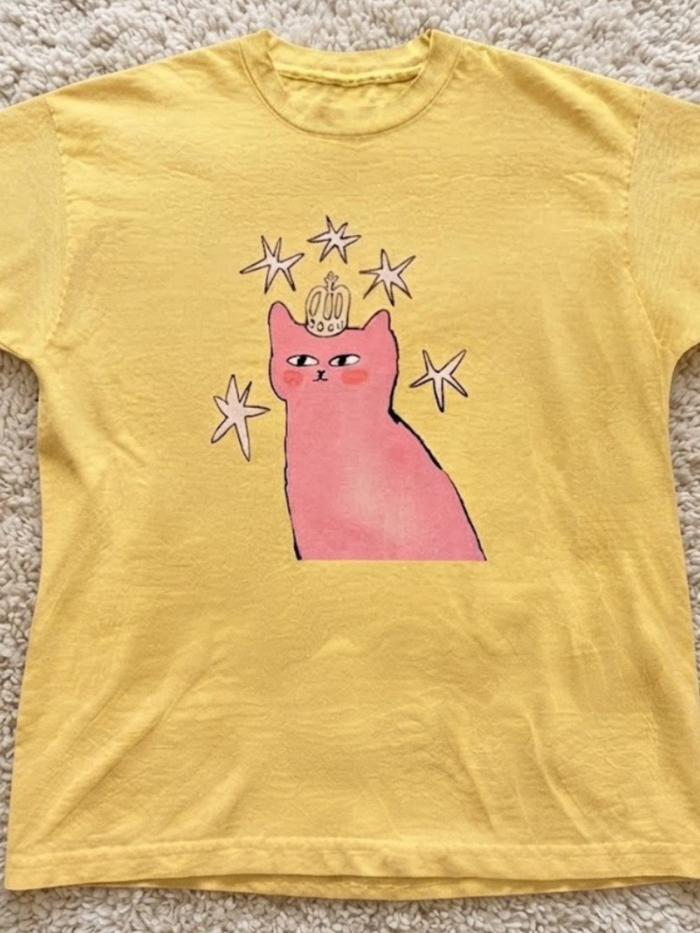 Pink Cat Crown Stars Cute Doodle Vintage Yellow T-Shirt